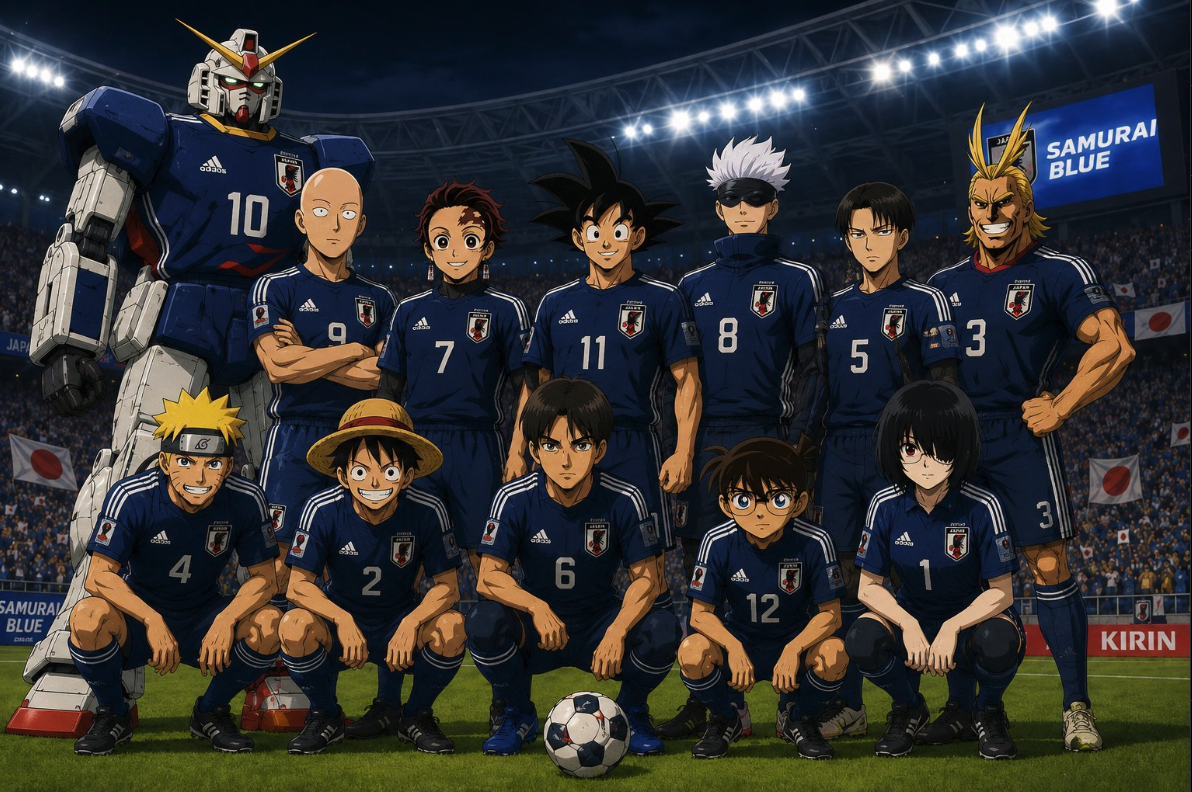 Anime characters resembling Naruto, Luffy, and a Gundam mech wearing Japan 'Samurai Blue' national team kits, posed on a soccer pitch under stadium lights.