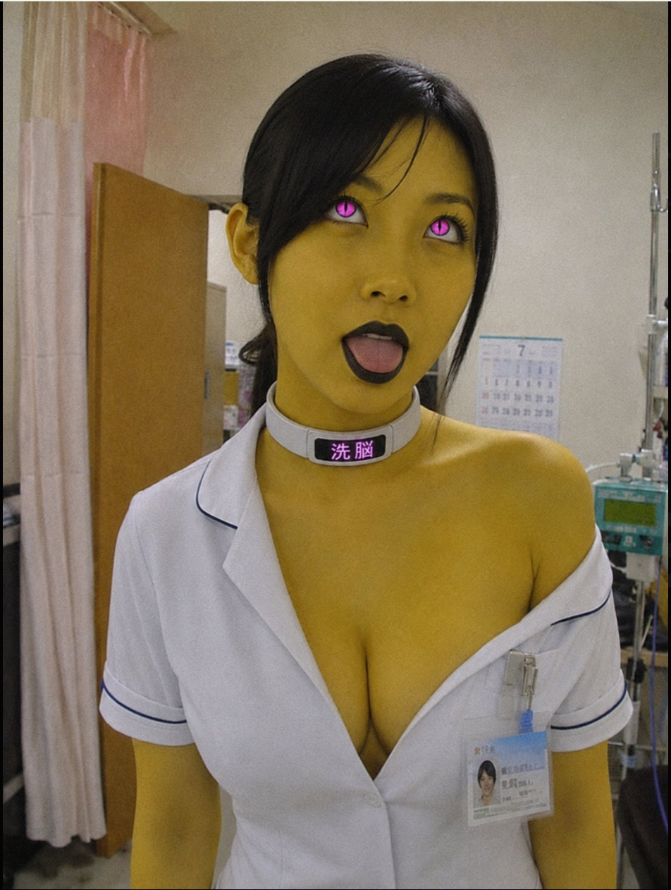 An AI-generated woman with yellow skin and glowing pink eyes wearing an unbuttoned white nurse uniform and a choker reading '洗脳' (brainwash).