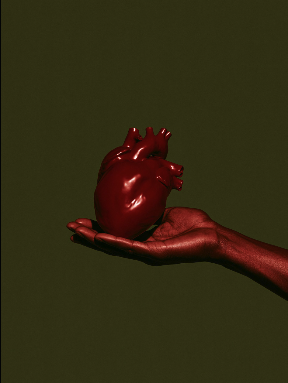 A glossy red anatomical heart resting in an open hand against a dark olive background.