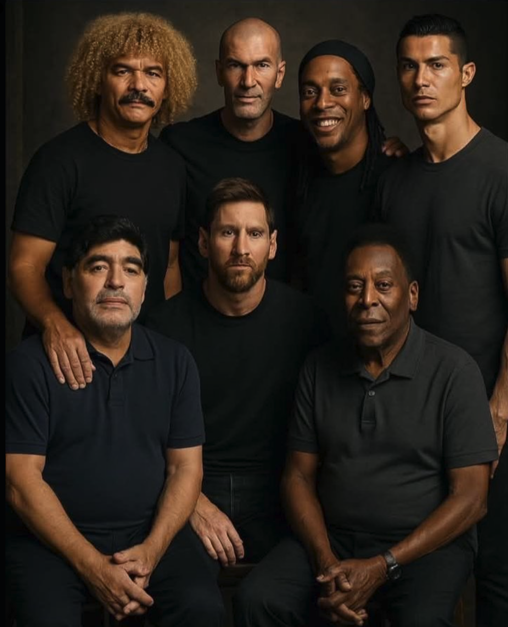 Seven men resembling legendary soccer players posed together in a group portrait against a dark backdrop.