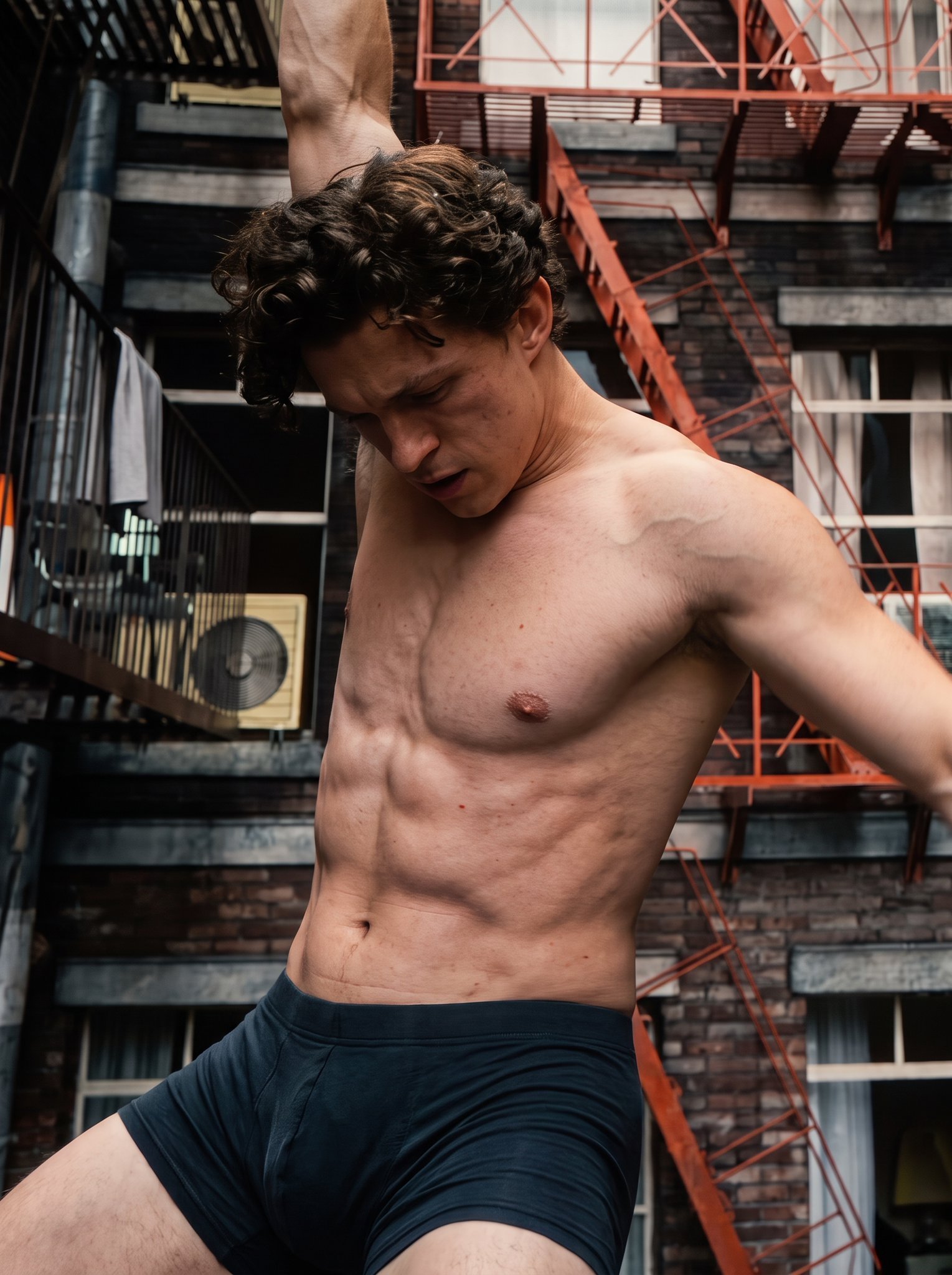 An image resembling Tom Holland shirtless in dark shorts, leaning against red fire escapes with one arm raised overhead.