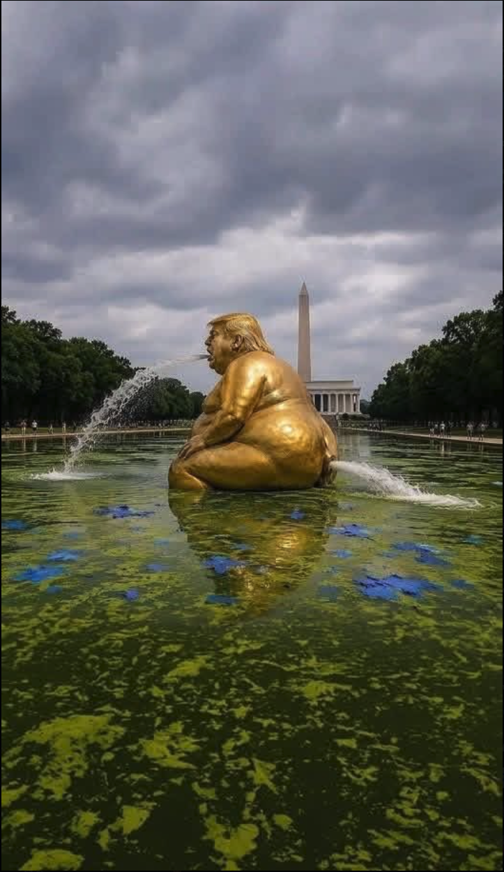 A golden statue resembling Donald Trump seated at the edge of a reflecting pool on the National Mall, with the Washington Monument and Lincoln Memorial in the background under a cloudy sky.