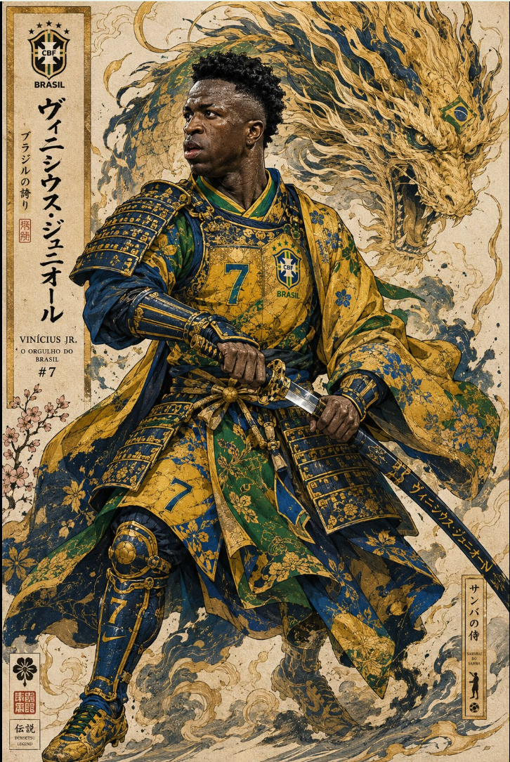 An illustration of a man resembling Vinicius Jr. dressed in samurai armor in Brazilian yellow and green, holding a katana.