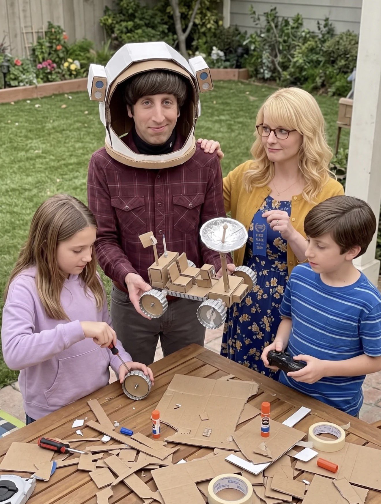 An image appearing to show two adults and two children displaying a homemade cardboard space rover in a backyard.