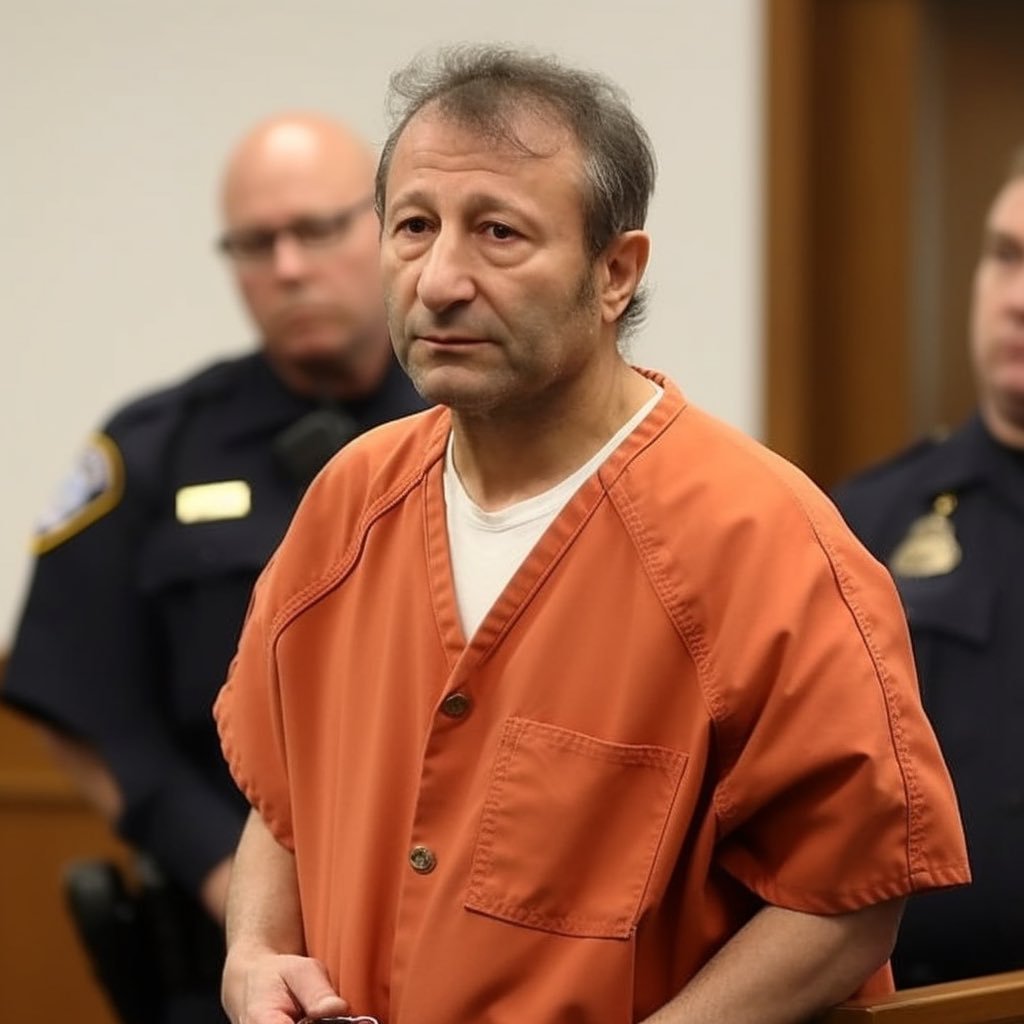 A man resembling Alex Mashinsky in an orange prison jumpsuit standing in a courtroom, with two uniformed officers behind him.