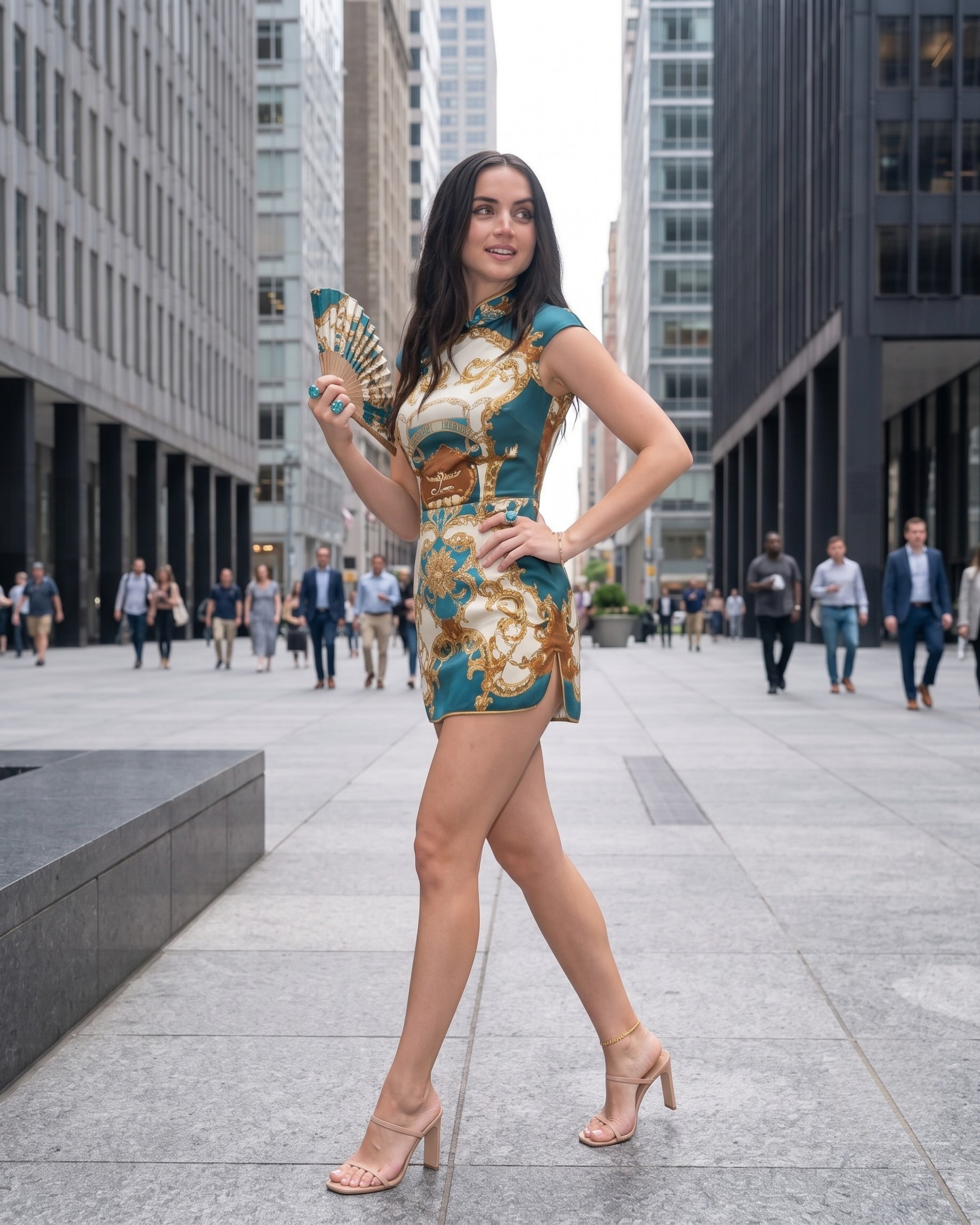 A woman resembling Ana de Armas walking along a city street wearing a teal and gold patterned dress and holding a decorative fan.