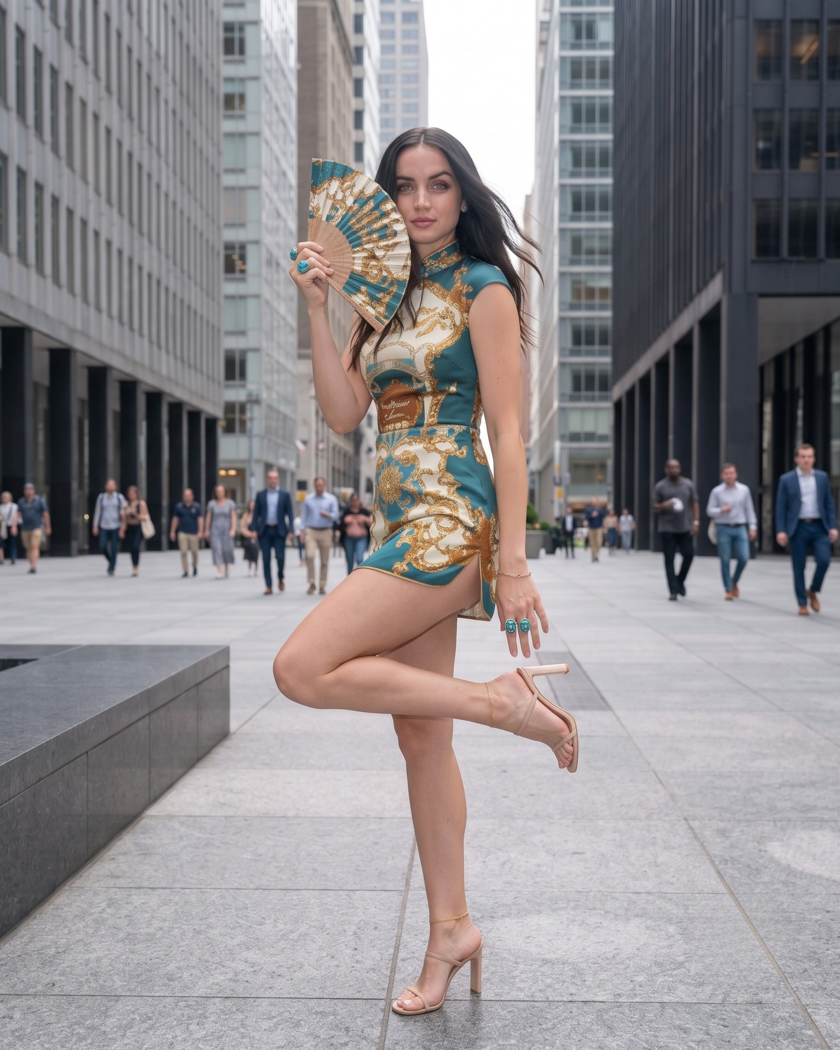 A woman resembling Ana de Armas in a teal and gold baroque-patterned dress posing with an open folding fan on a city street.
