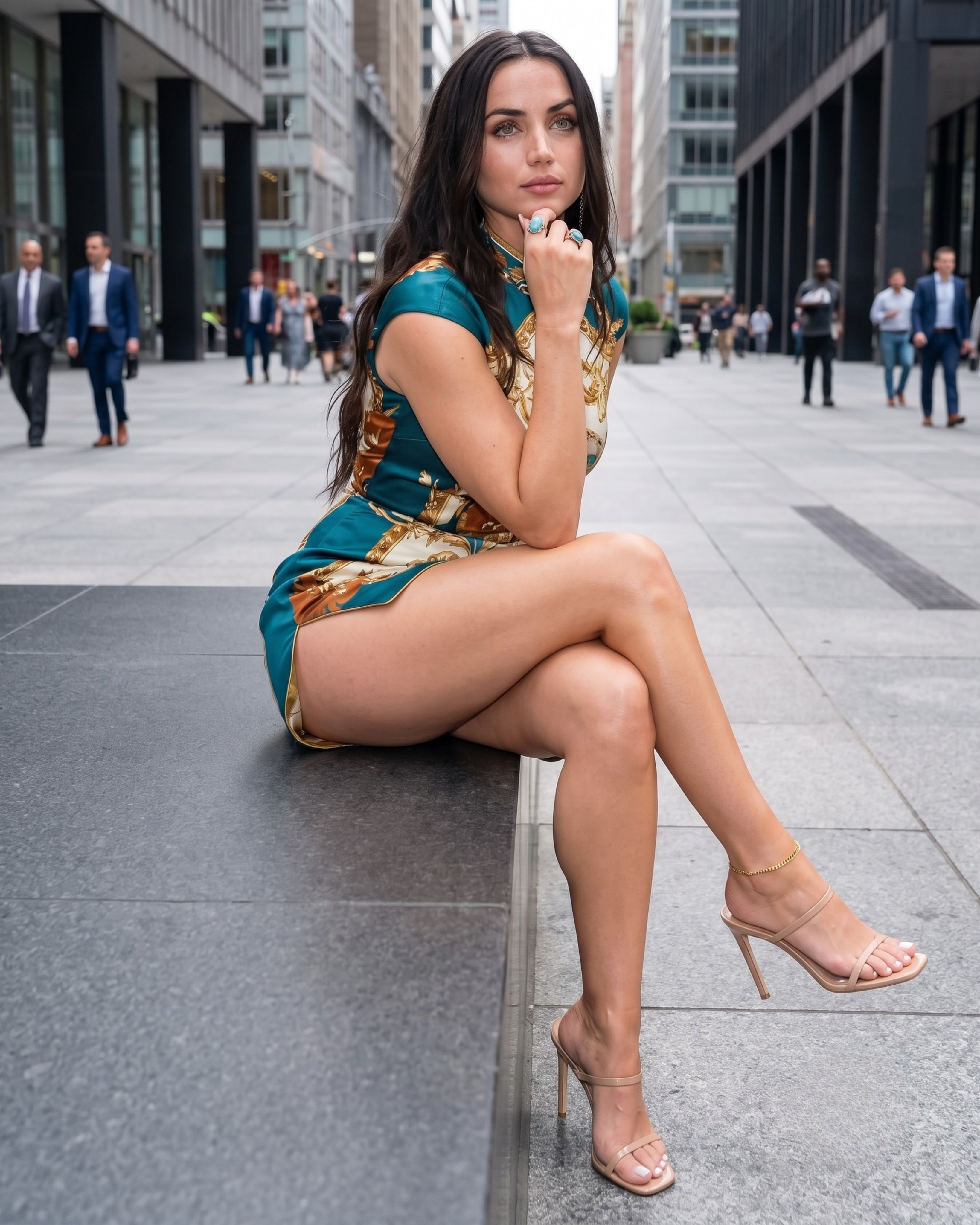 A woman resembling Ana de Armas seated on a stone ledge in an urban plaza, wearing a patterned teal dress.