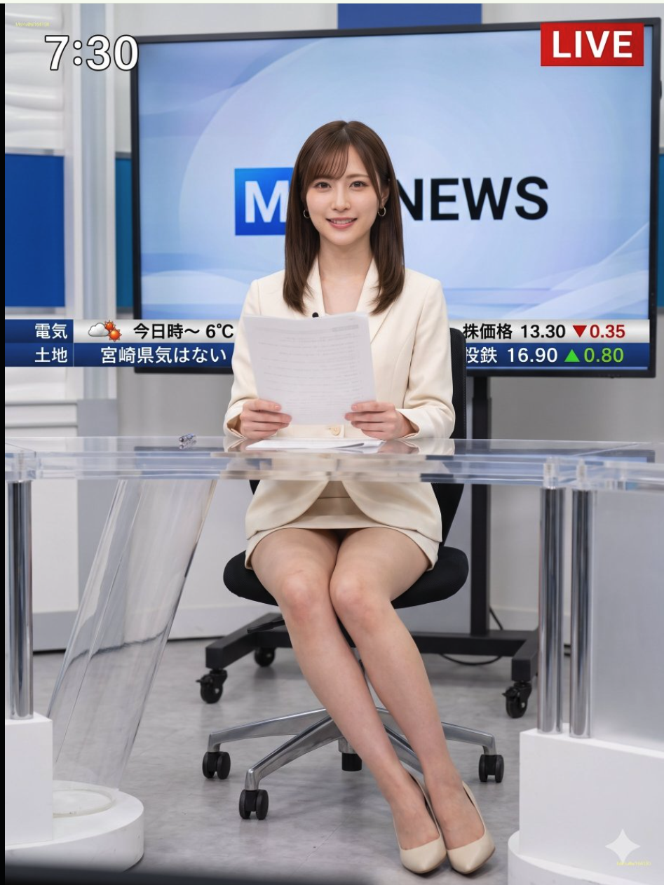 A woman seated at a glass desk in a studio styled as a Japanese live news broadcast.