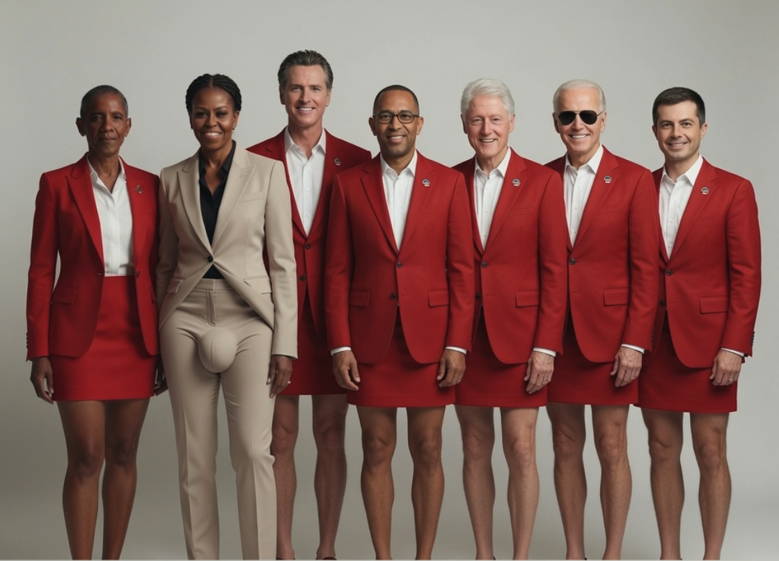 Seven people resembling Joe Biden, Michelle Obama, Barack Obama, Bill Clinton, Gavin Newsom, Pete Buttigieg, and Hakeem Jeffries standing in a row in matching red blazers.