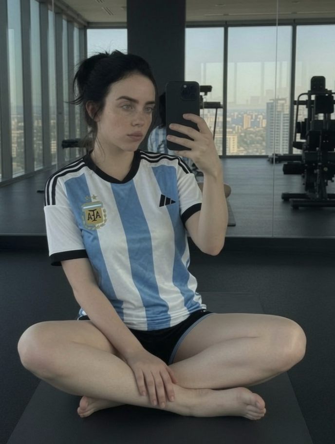 A woman resembling Billie Eilish taking a mirror selfie in an Argentina national team jersey while seated on a gym mat.