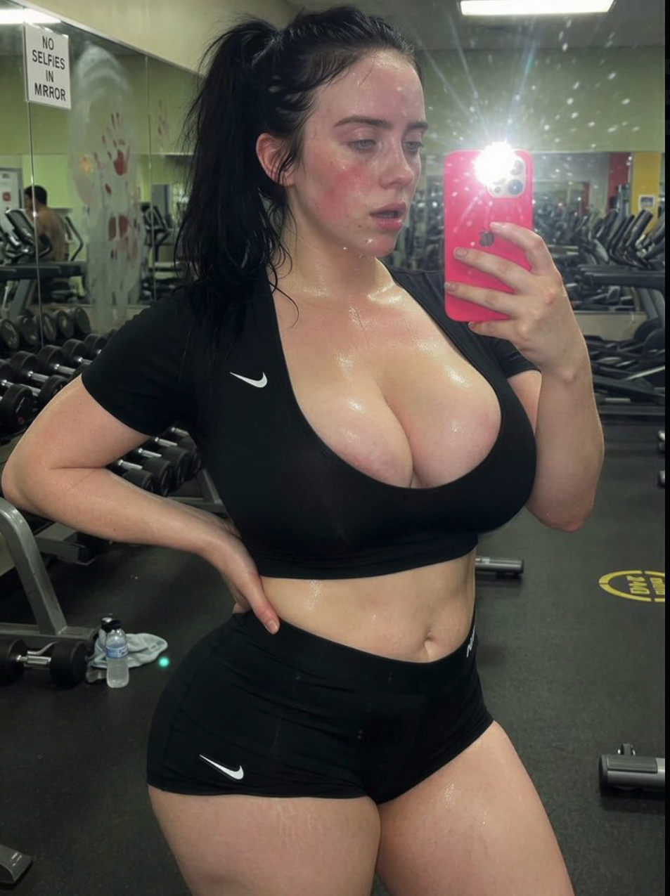 A woman resembling Billie Eilish taking a mirror selfie in a gym wearing black Nike athletic wear.