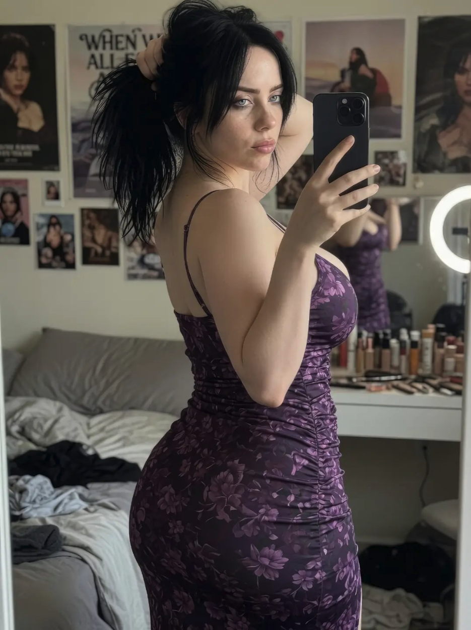 A woman resembling Billie Eilish taking a mirror selfie while wearing a purple floral dress in a bedroom.