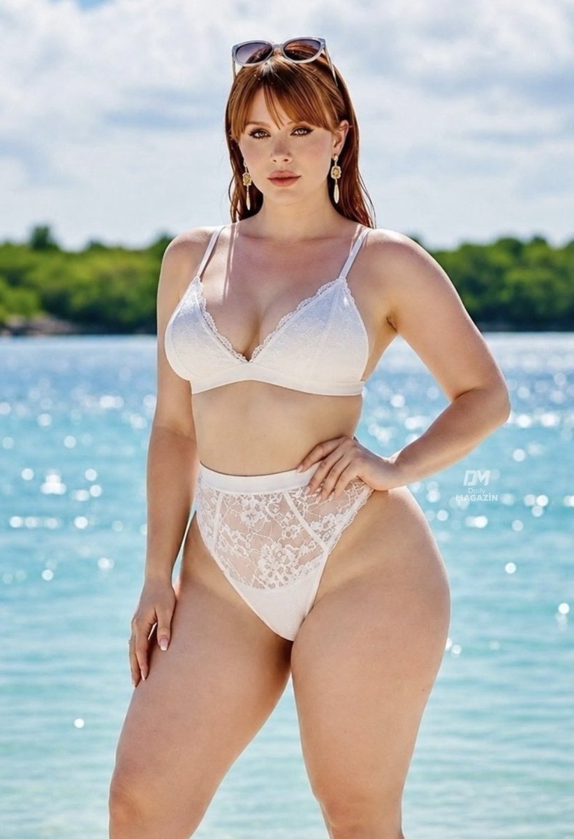 A woman resembling Bryce Dallas Howard posing in white lace lingerie at the water's edge.
