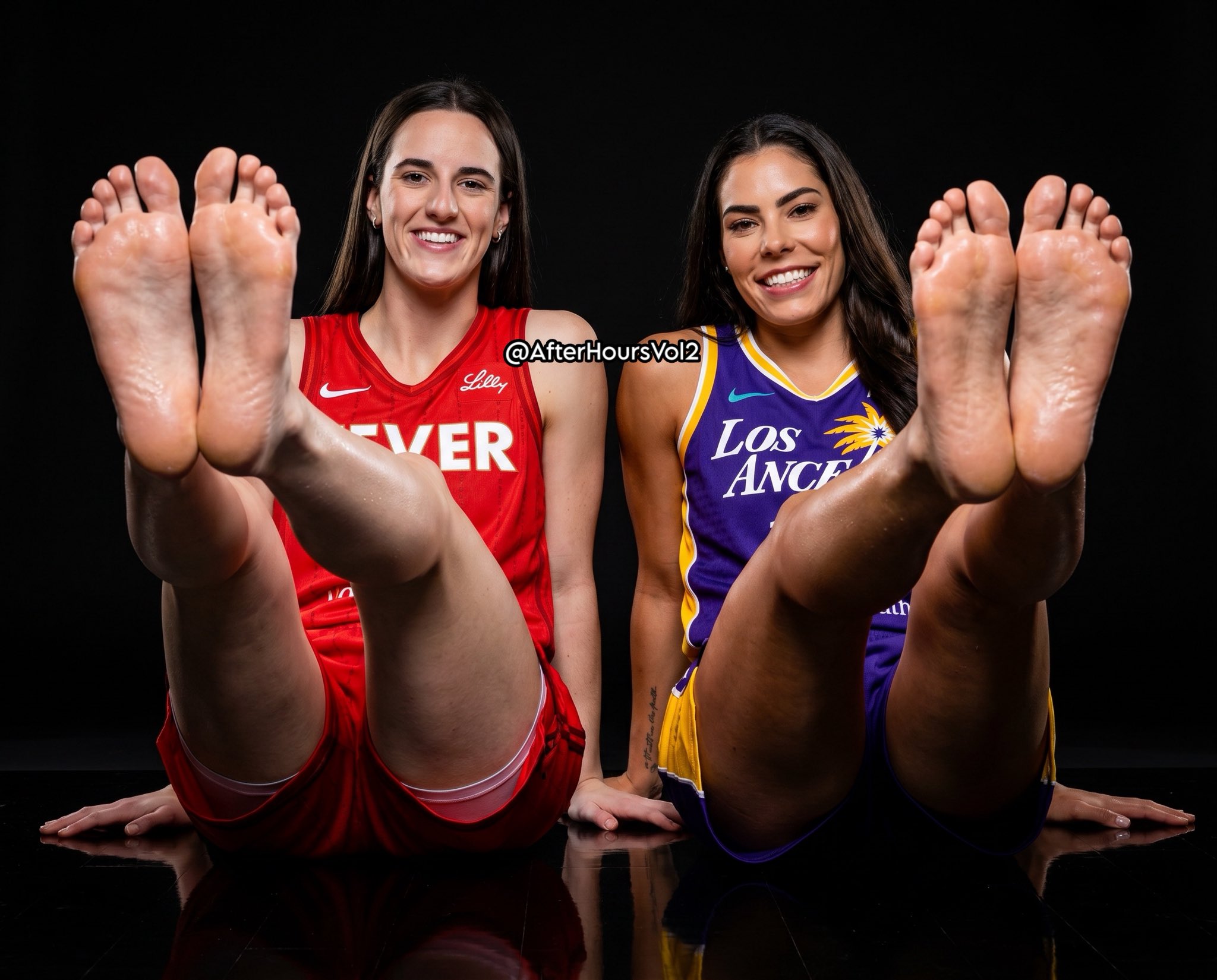 Two women resembling Caitlin Clark and Kelsey Plum in WNBA jerseys seated with their bare feet raised toward the camera.