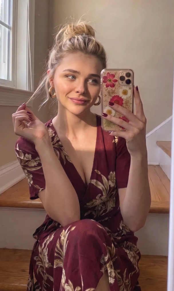 A woman resembling Chloë Grace Moretz taking a mirror selfie on wooden stairs.