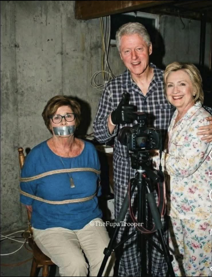 A scene appearing to show Bill Clinton and Hillary Clinton standing beside a seated woman bound to a chair with tape over her mouth, with a video camera on a tripod.