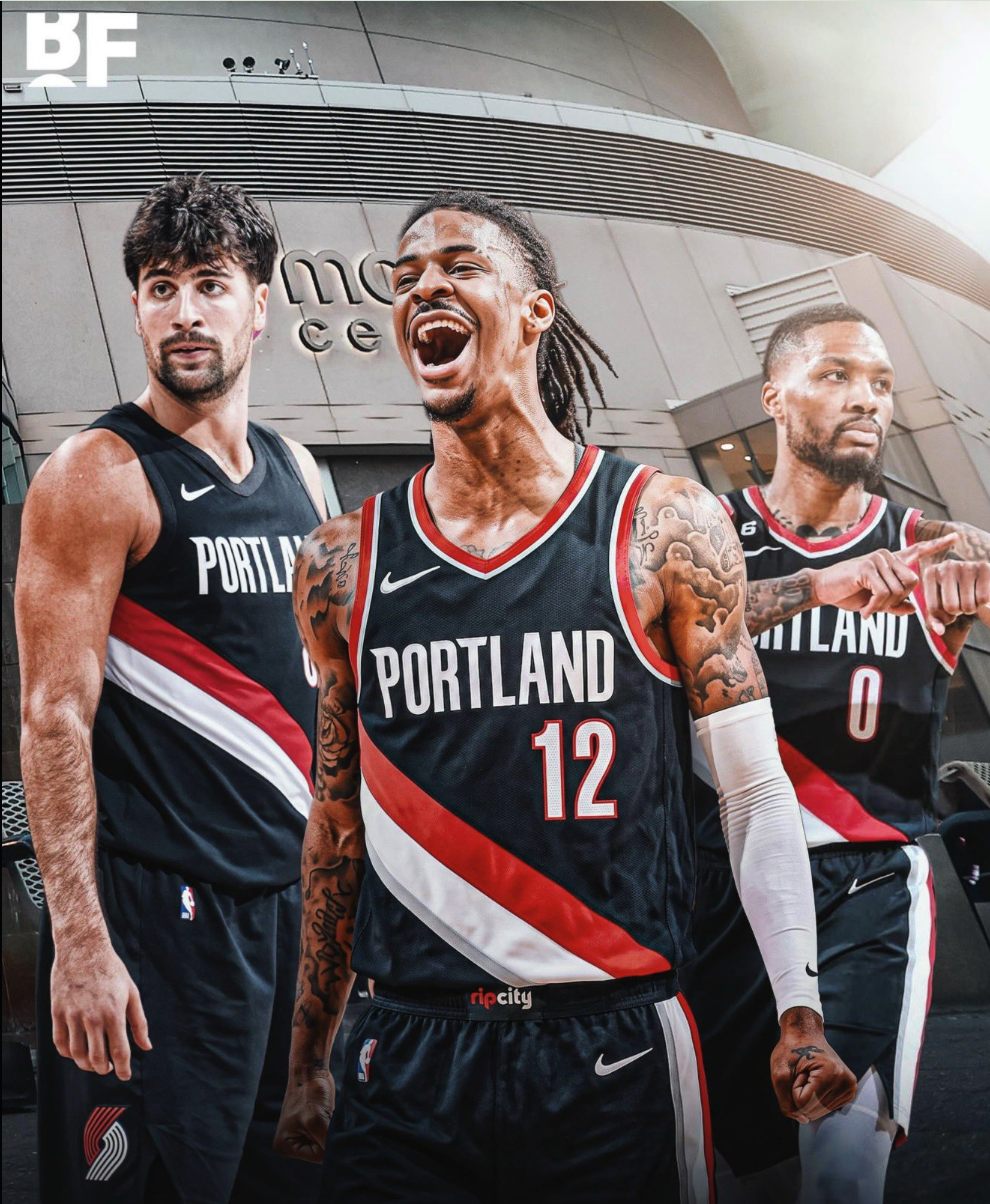 Three basketball players resembling Damian Lillard, Deni Avdija and Ja Morant in black Portland Trail Blazers jerseys.