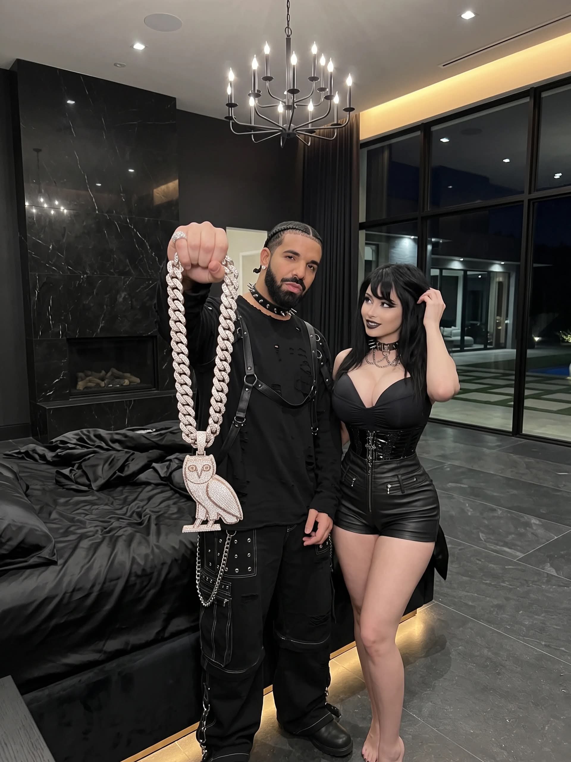 A man resembling Drake holding a large iced-out owl pendant beside a woman resembling Pinkchyu in a modern luxury bedroom.