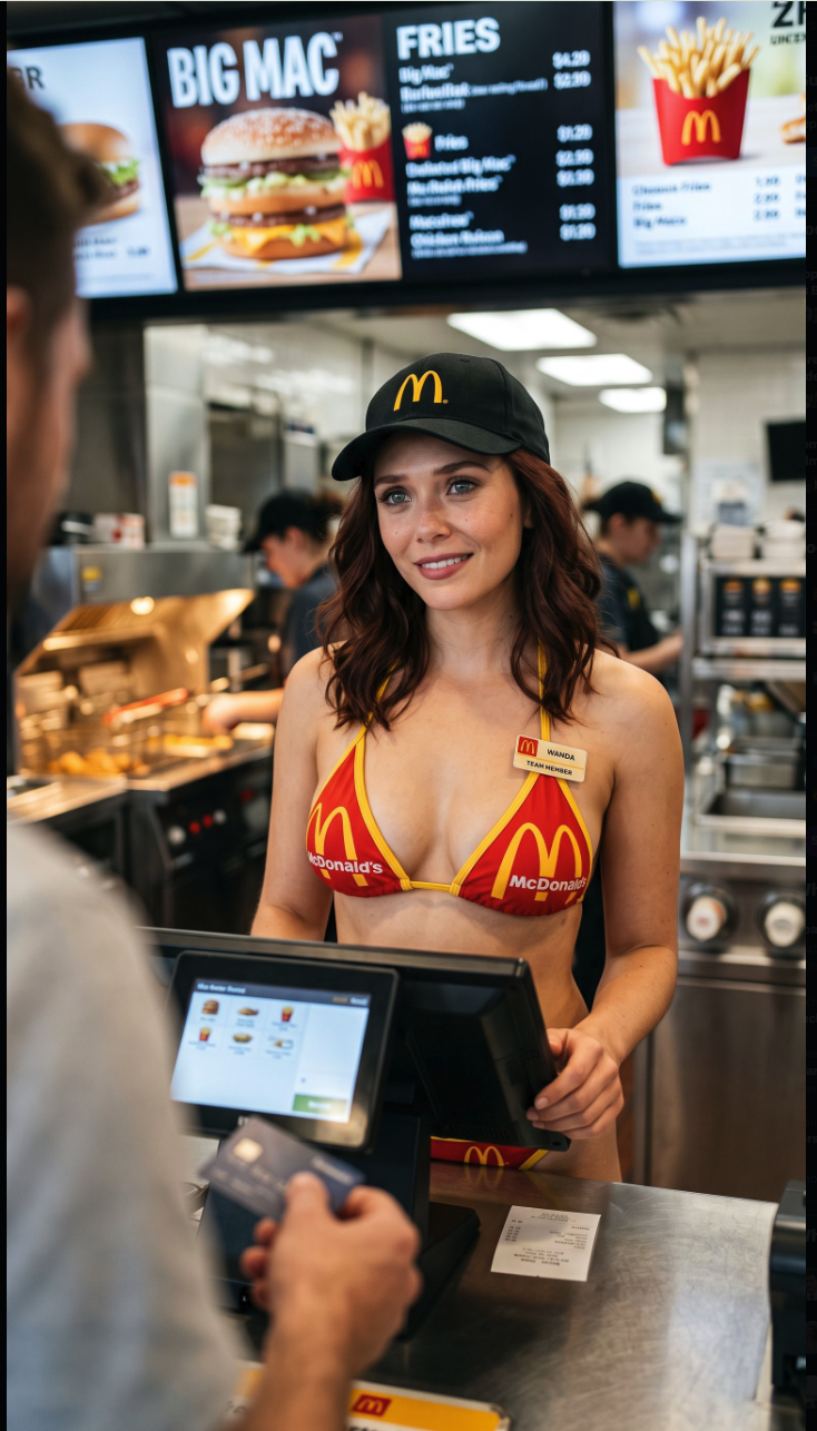 A woman resembling Elizabeth Olsen standing at a McDonald's counter in a branded cap and bikini-style top.