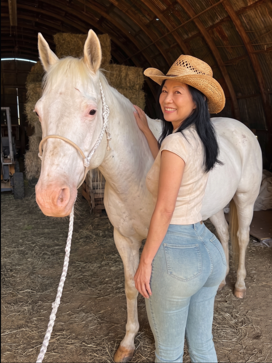 A woman in a straw hat standing beside a white horse inside a barn.