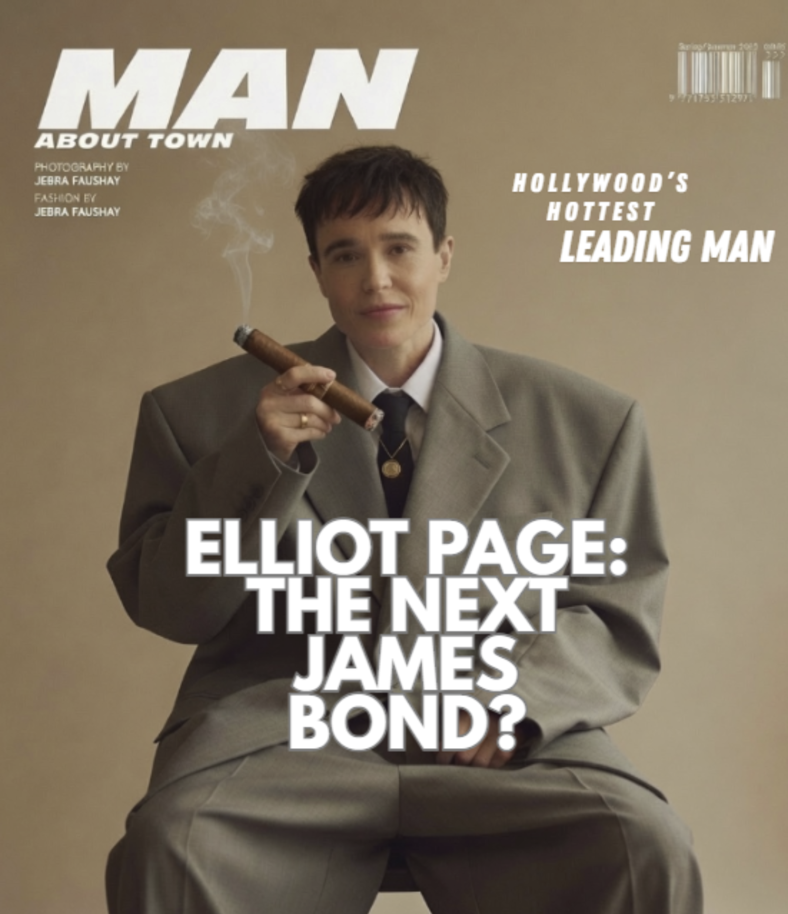 A man resembling Elliot Page seated on a fabricated 'Man About Town' magazine cover, holding a lit cigar in an oversized tan suit.