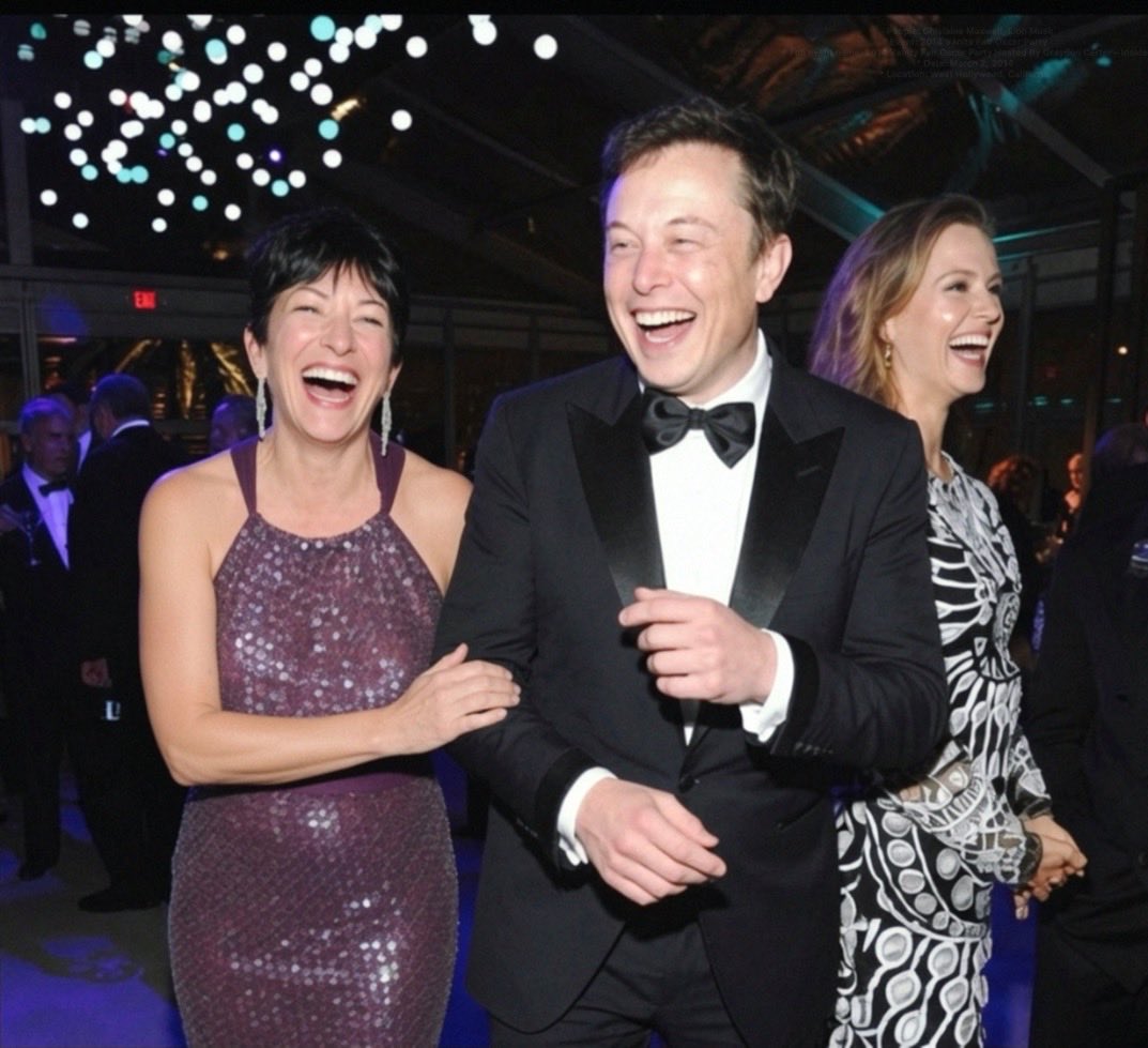 A man resembling Elon Musk in a tuxedo laughing with Ghislaine Maxwell at a formal evening event.