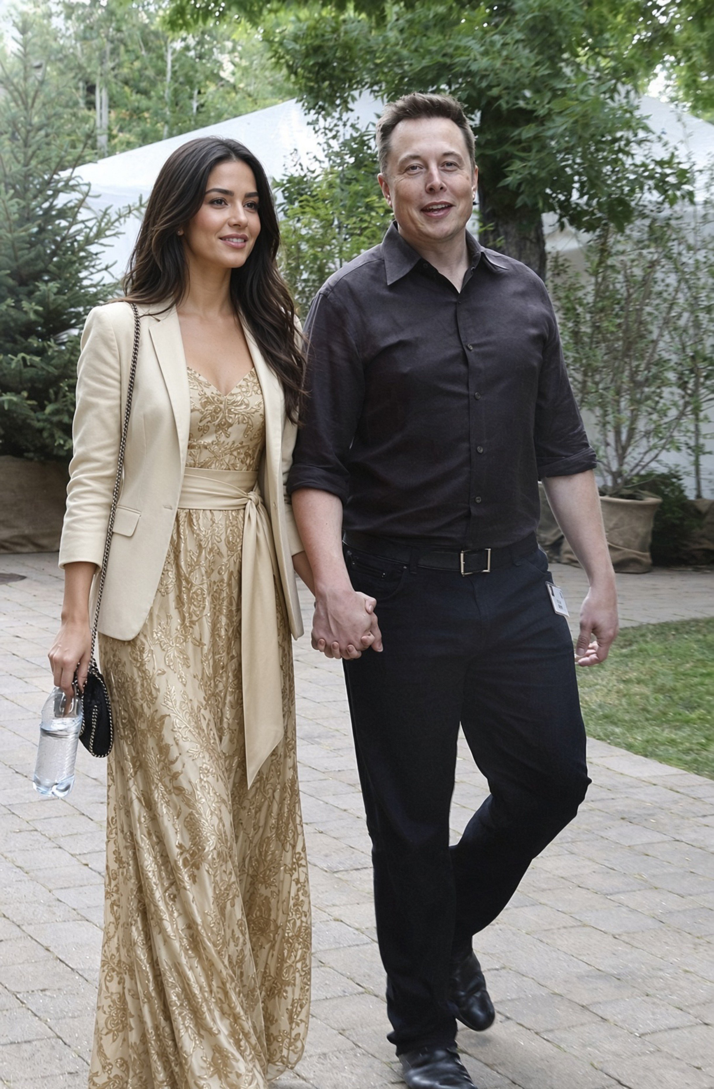 A man resembling Elon Musk walking hand-in-hand with a woman in a gold gown at an outdoor venue.