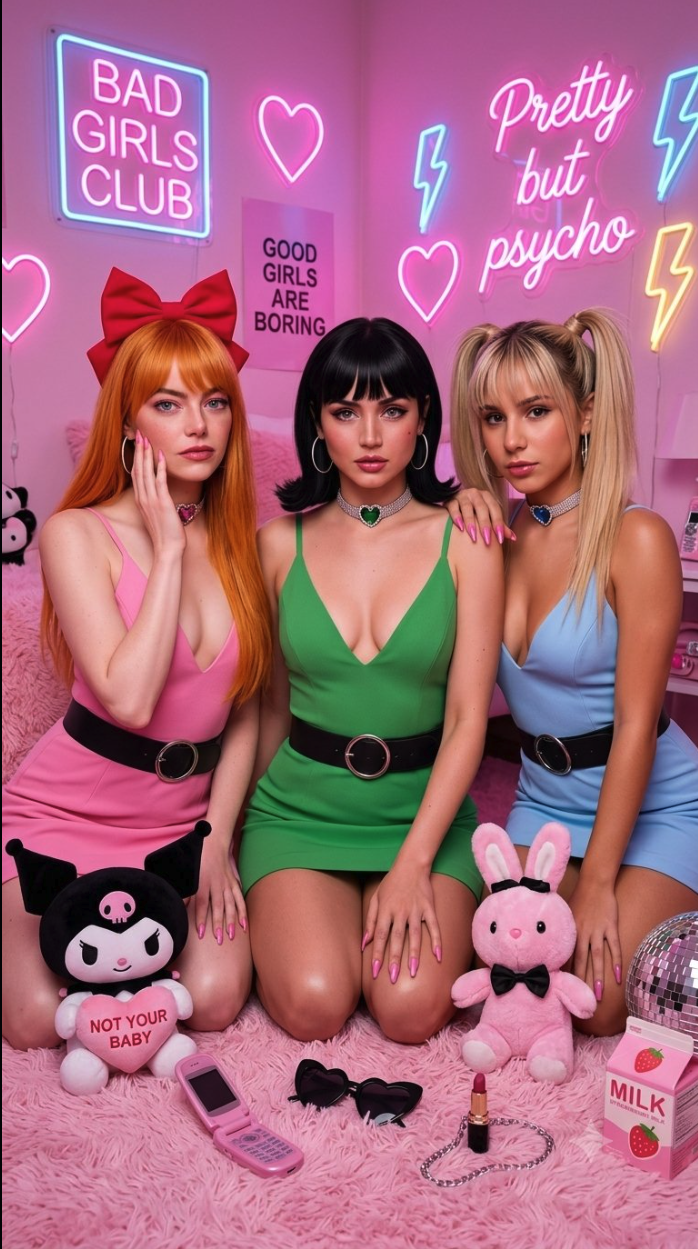 Two women resembling Emma Stone and Ana de Armas seated with a third woman in low-cut dresses inside a neon-lit pink room with 'Bad Girls Club' signage.