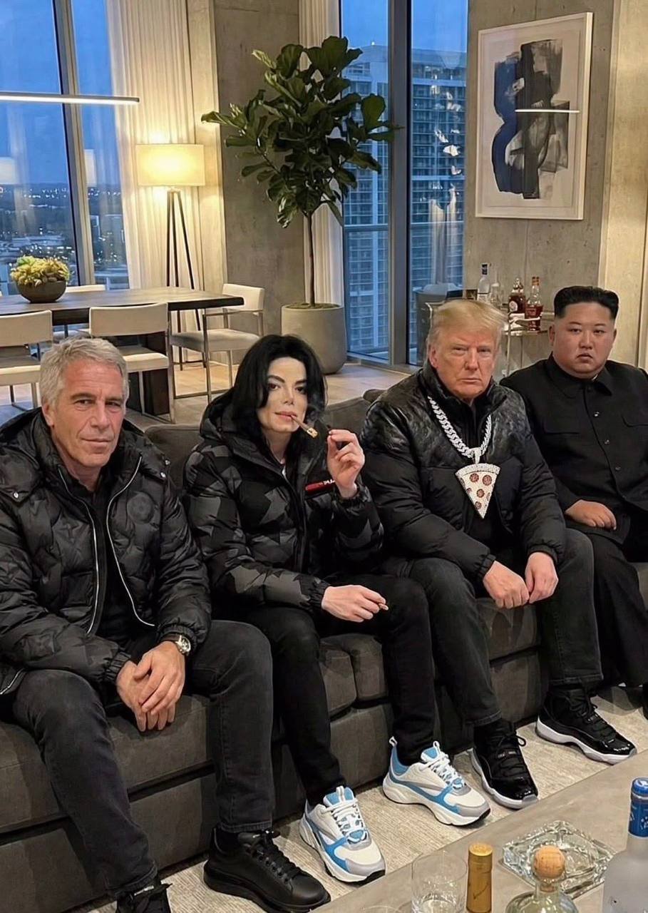 Four men resembling Jeffrey Epstein, Michael Jackson, Donald Trump, and Kim Jong-un seated together on a couch in a high-rise apartment.