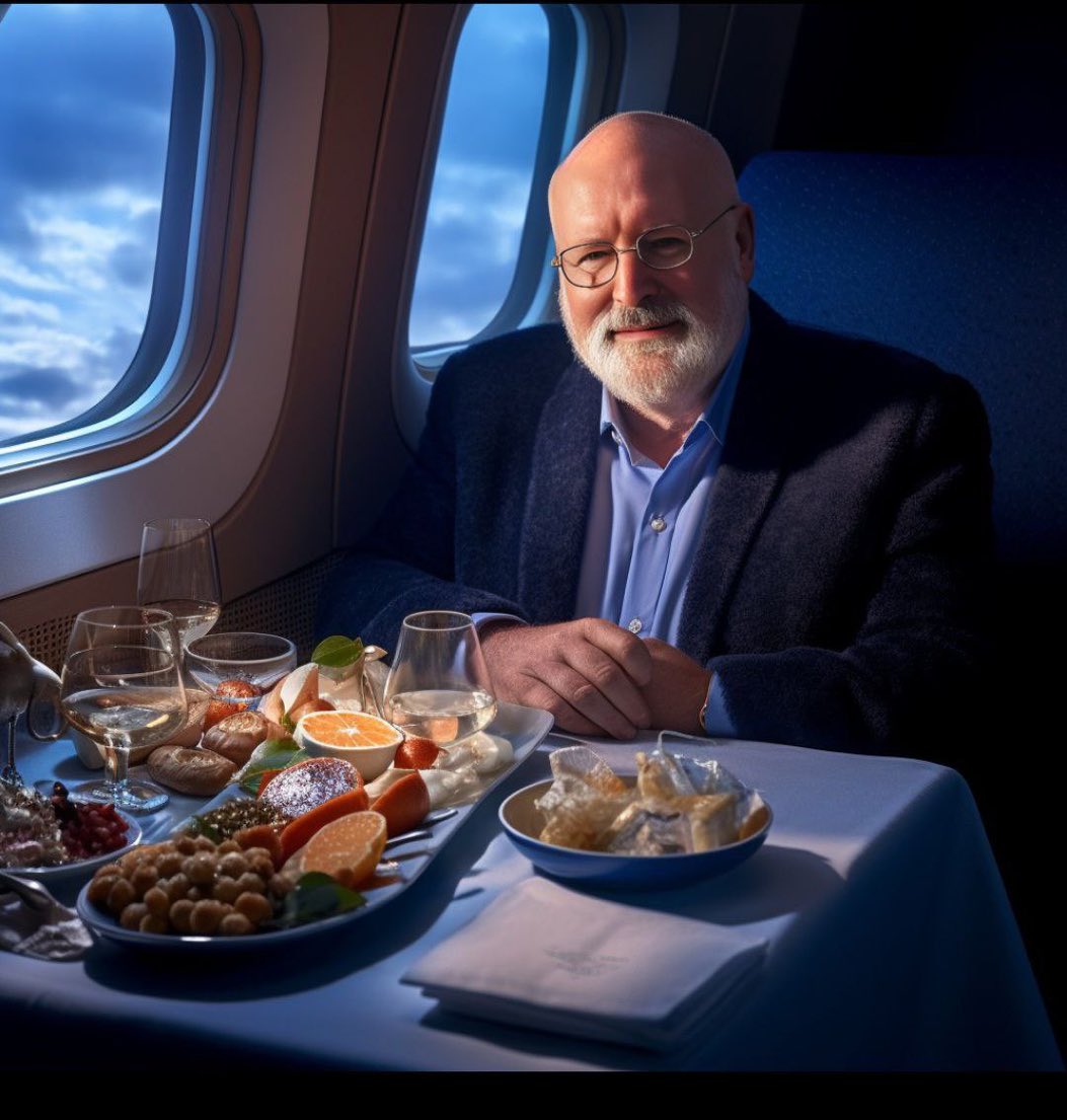 A man resembling Frans Timmermans seated at a dining table in an airplane cabin with food and wine glasses.