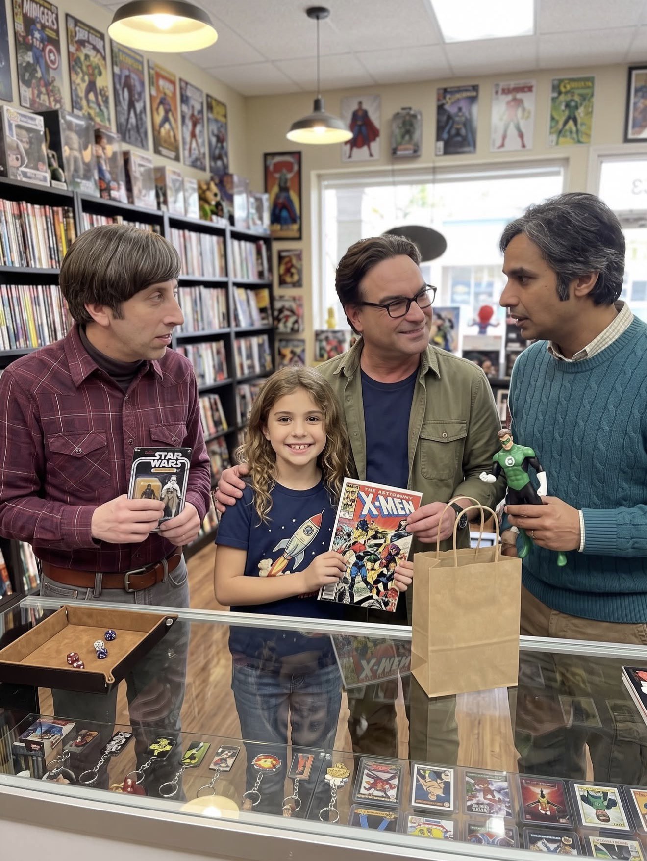 Three men resembling Kunal Nayyar, Johnny Galecki, and Simon Helberg standing with a young girl at a comic book counter.
