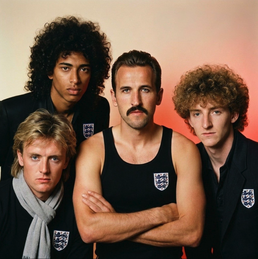 Four men in a retro 1980s-style group portrait wearing black clothing bearing the England Three Lions crest, including figures resembling Harry Kane and Roger Taylor.