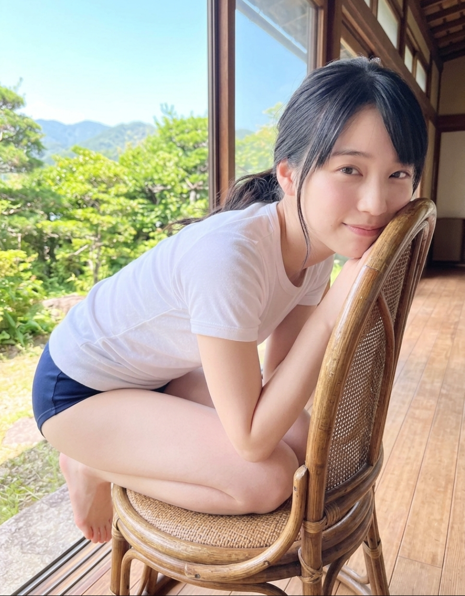 A young woman crouching on a rattan chair on a wooden veranda with greenery outside.