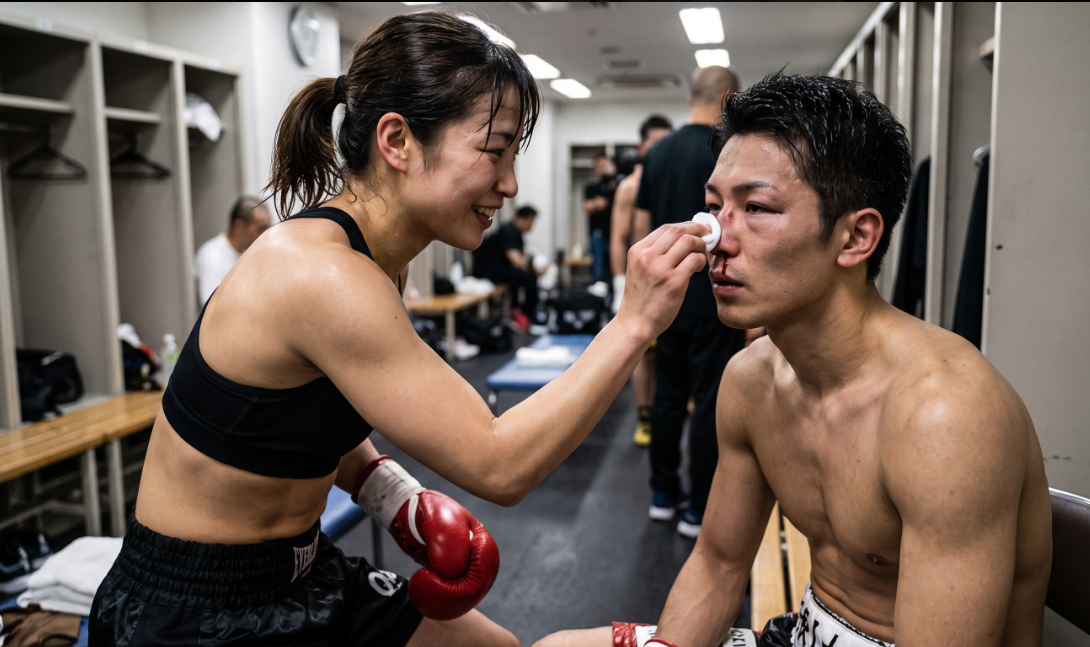 A shirtless man being tended to by a woman in a locker room.