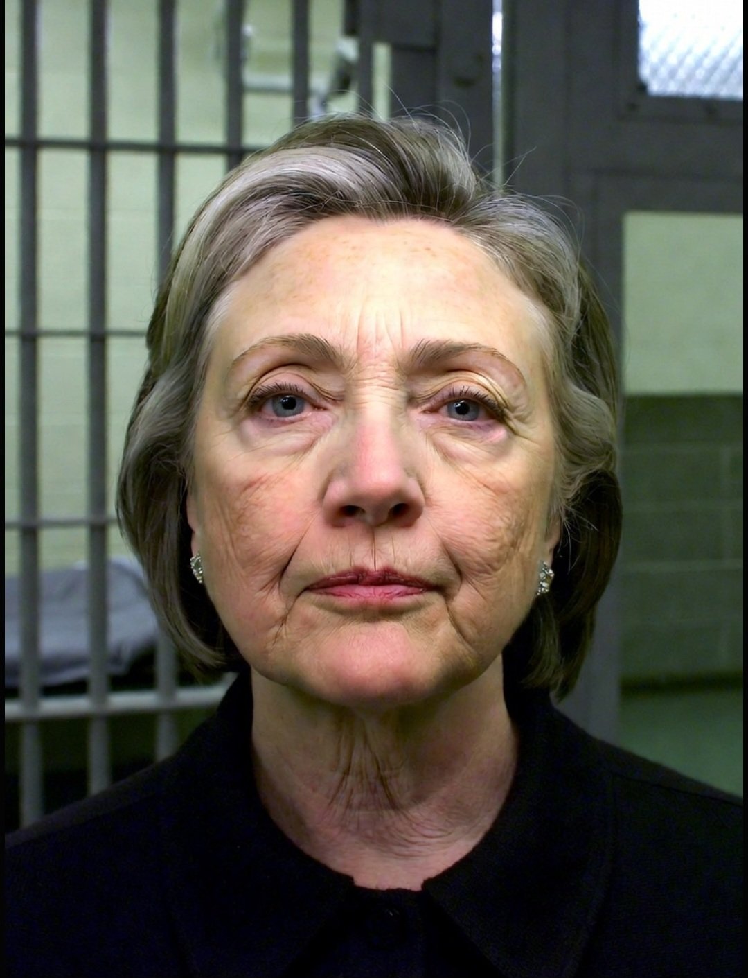 A woman resembling Hillary Clinton standing in front of jail cell bars.