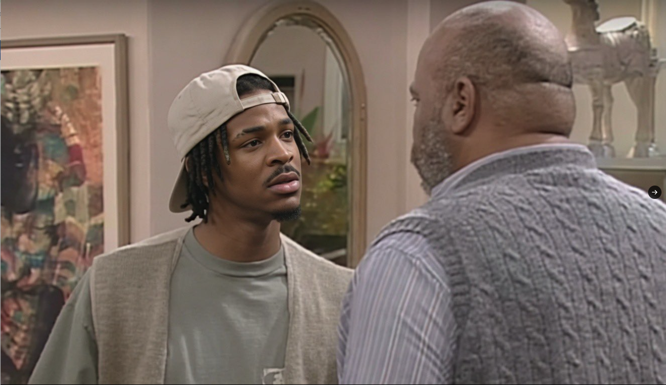 A man resembling Ja Morant in a backwards cap facing an older bald man with a grey beard in a domestic interior.