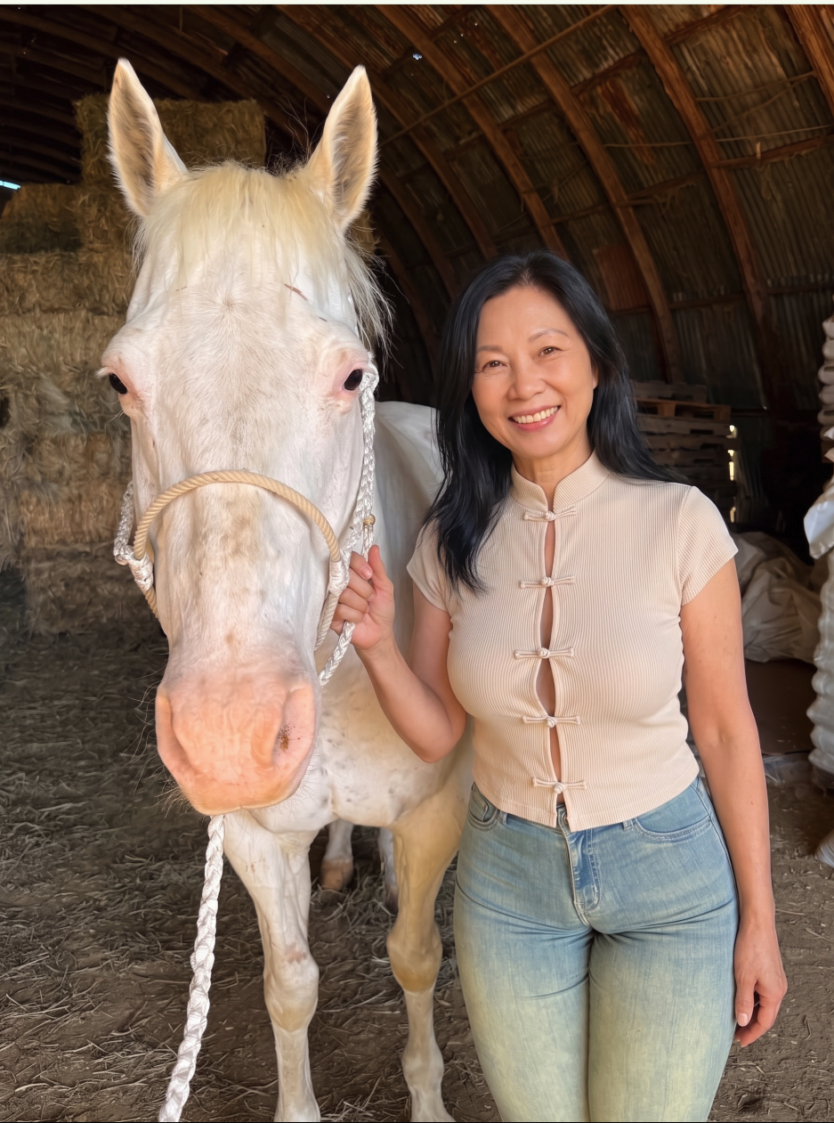A woman standing beside a white horse inside a wooden barn.