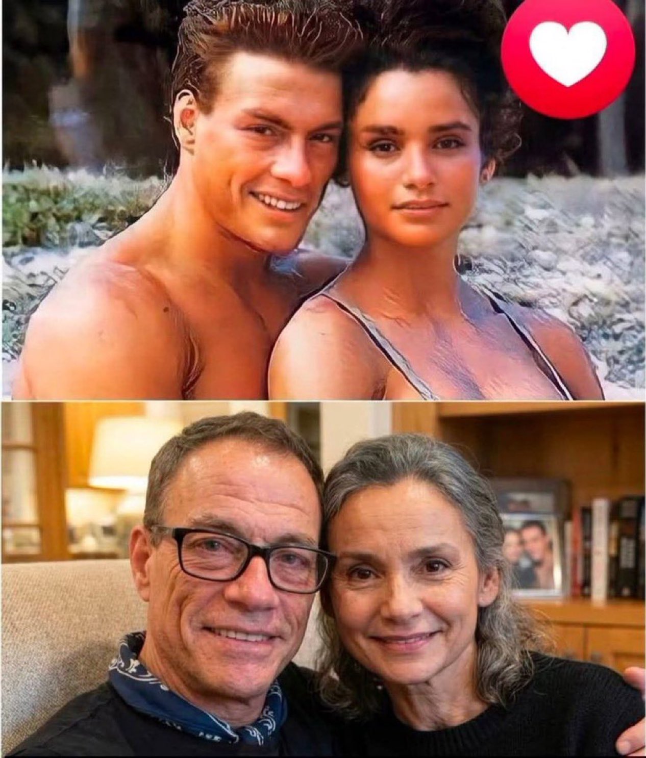 Top panel: man resembling a young Jean-Claude Van Damme with a woman in swimwear. Bottom: the real older Van Damme with an older woman indoors.