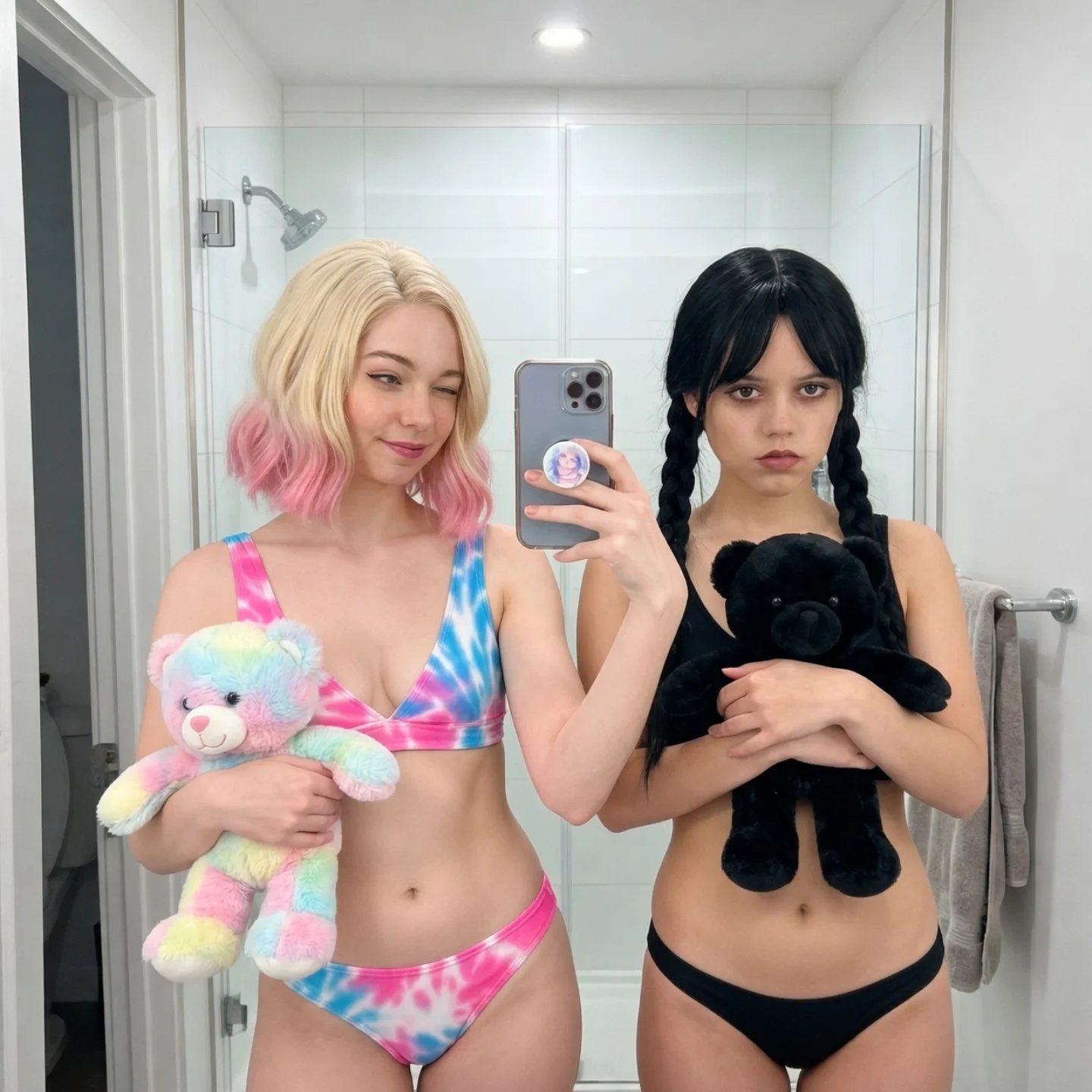 Two women resembling Jenna Ortega and Emma Myers in bikinis taking a mirror selfie in a bathroom.