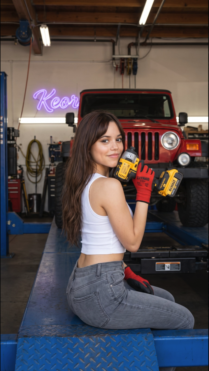 A woman resembling Jenna Ortega kneeling on a blue car lift in a garage, holding a yellow power tool, with a red Jeep behind her.