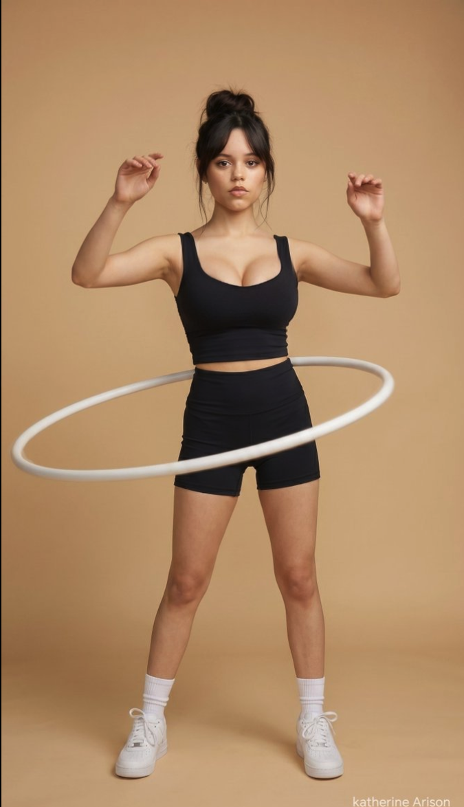 A young woman resembling Jenna Ortega hula hooping against a beige backdrop in athletic wear.