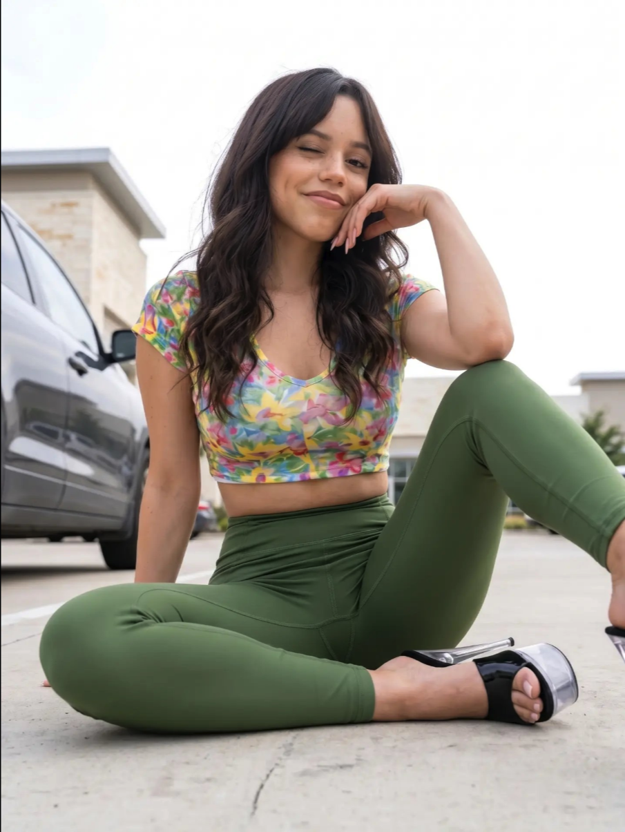 A woman resembling Jenna Ortega seated on pavement in a parking lot, wearing a floral crop top and green leggings.