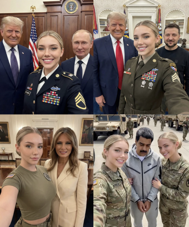 A four-panel collage of women resembling Lene Egeli and Julia Beautx taking selfies alongside men resembling Donald Trump, Vladimir Putin, Melania Trump, and Nicolás Maduro in official settings.
