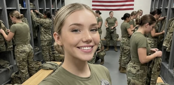 A woman AI Jessica Foster smiling in the foreground of a military locker room, with other service members and a US flag visible behind her.