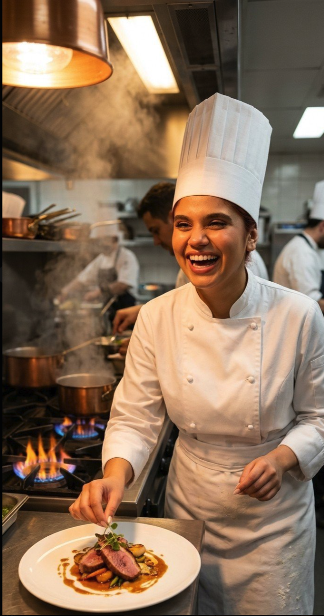 A woman in a chef's coat and toque, smiling while plating a dish in a busy kitchen.