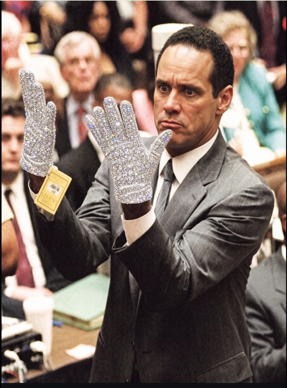 A man resembling Jim Carrey in a gray suit wearing diamond-encrusted gloves with a yellow tag at an indoor auction.