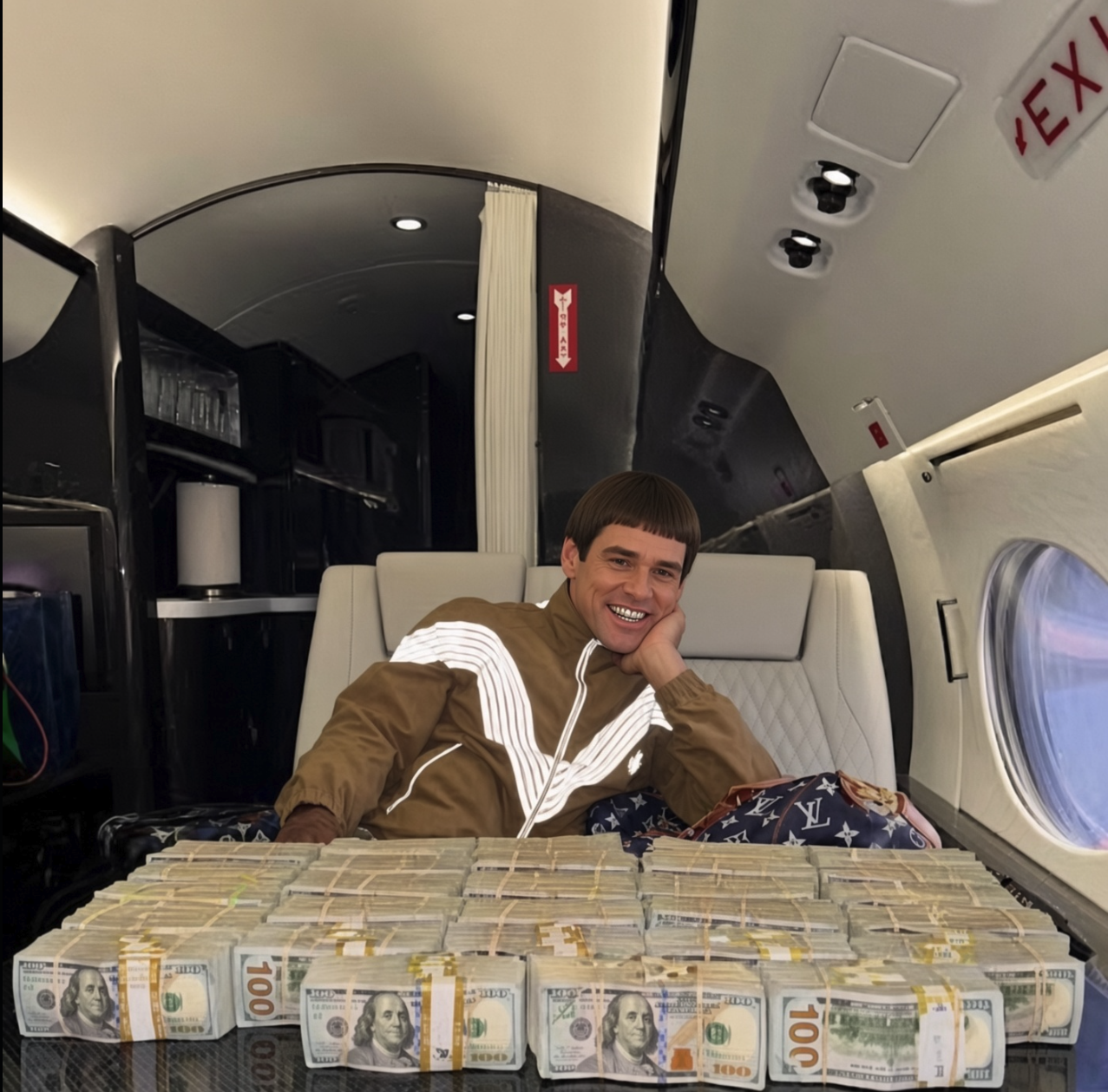 A man resembling Jim Carrey reclining in a private jet cabin in front of stacks of $100 bills.