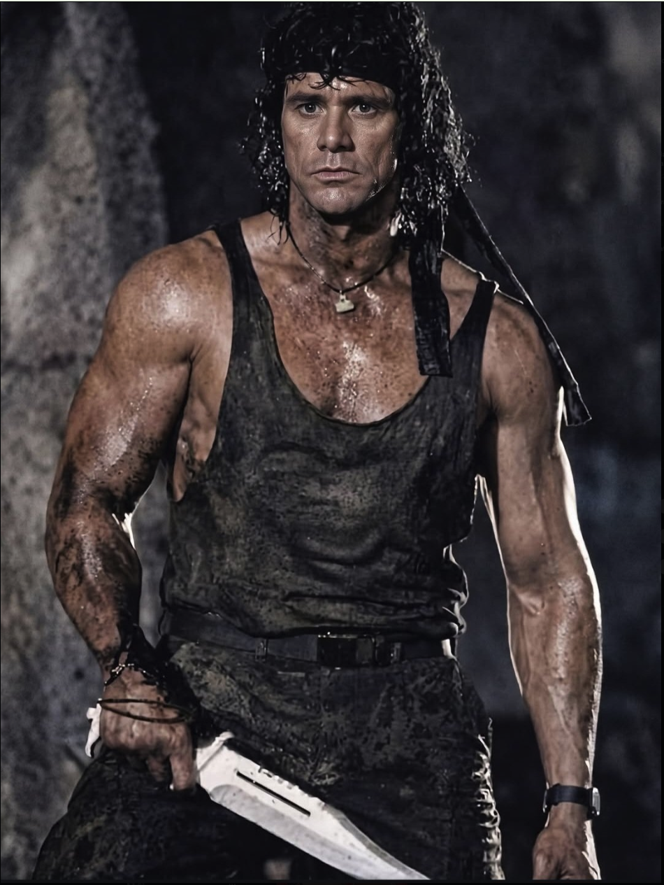 A man resembling Jim Carrey in a mud-covered black tank top and headband, holding a large knife.