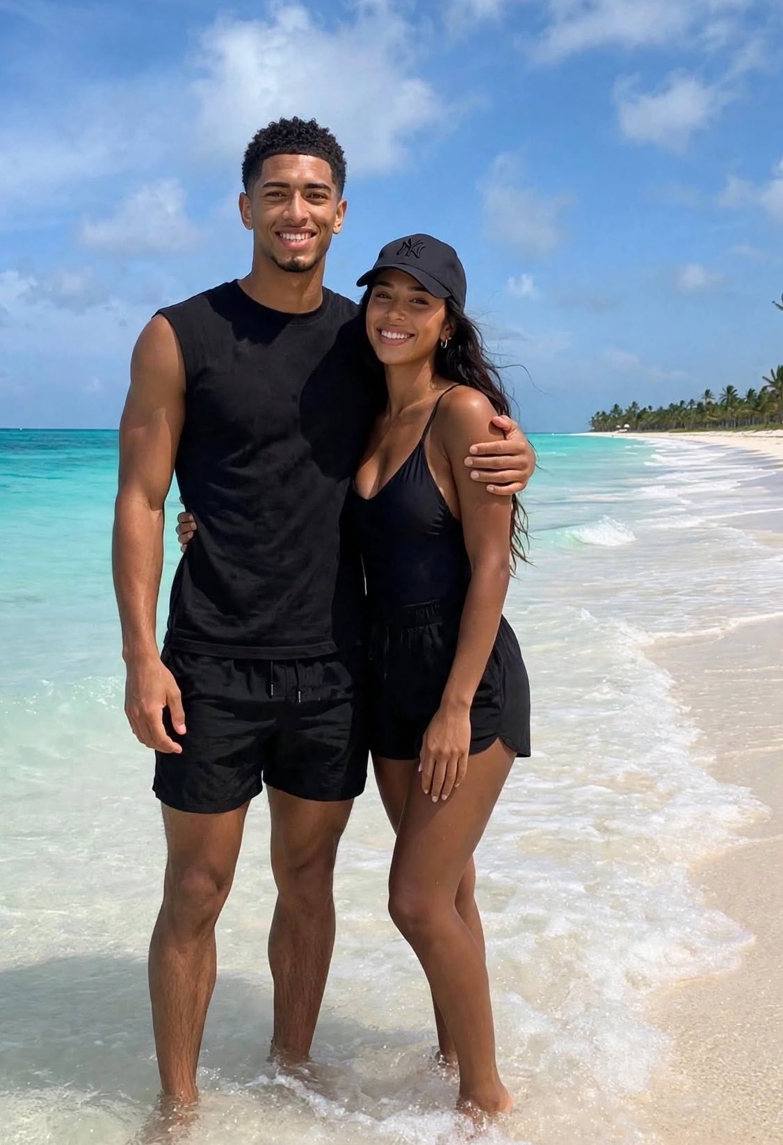 A tall man resembling Jude Bellingham and a woman appearing to be Ashlyn Castro standing together in shallow water on a tropical beach.